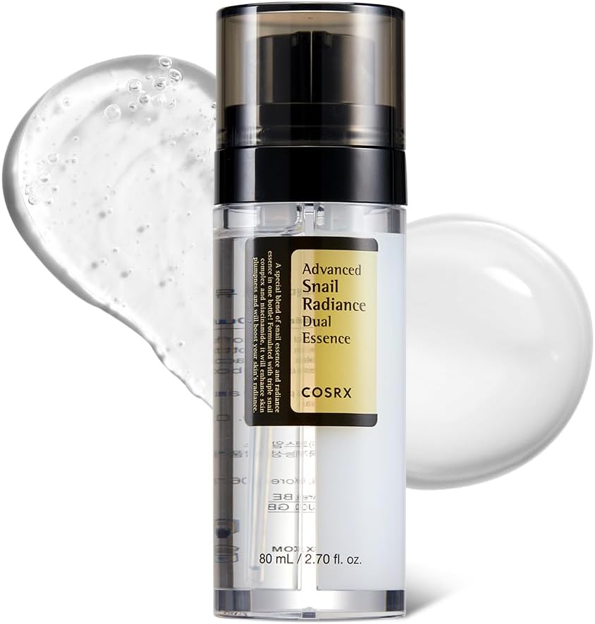 COSRX Advanced Snail Radiance Dual Essence 80ml bottle showing two distinct essence chambers