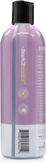 Bark2Basics pet shampoo bottle showing 2-in-1 formula and concentration details