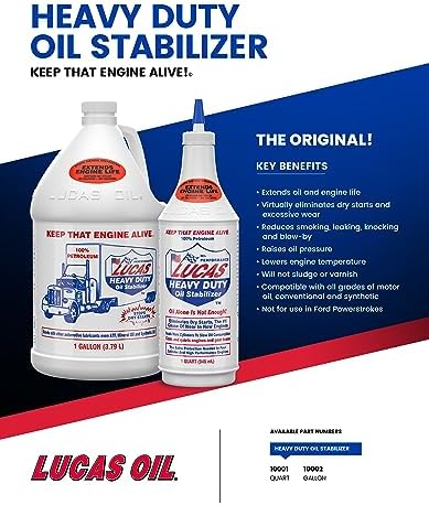 Close up of Lucas Oil Heavy Duty Oil Stabilizer label