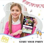 Six by four inch kids birthday party invitation cards with vibrant cosmic theme colors.