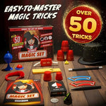 Child wearing bloonsy magician costume performing card tricks
