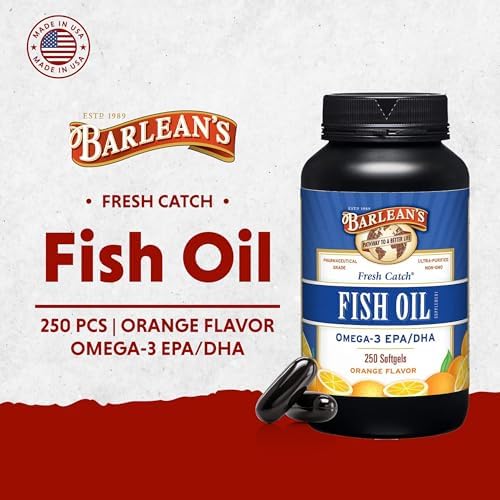 Barlean's Omega 3 Fish Oil 600mg pills poured out showcasing the clear amber softgels