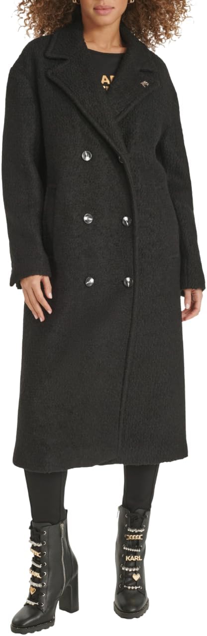 Karl Lagerfeld women's classic long double breasted textured wool peacoat front view designer apparel