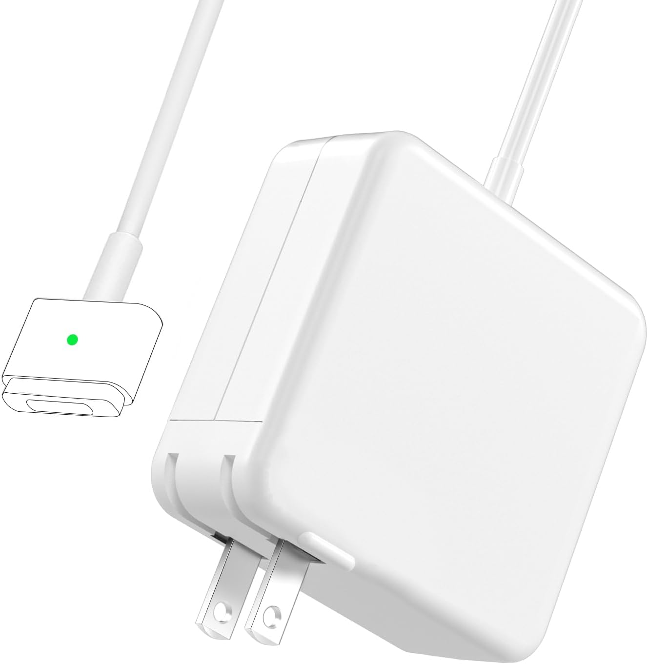 SorsnA MacBook Air 45W T-Tip power adapter front view showing the magnetic charging head and white block body.