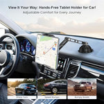 PLDHPRO car iPad mount showcasing the industrial strength vacuum suction cup base attached firmly to a windshield.