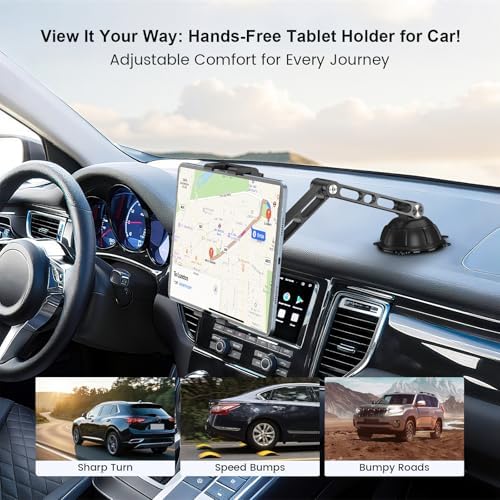 PLDHPRO car iPad mount showcasing the industrial strength vacuum suction cup base attached firmly to a windshield.