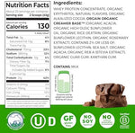 Orgain whey protein chocolate fudge nutrition facts label and ingredient list close up