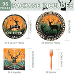 Grencian premium hunting theme disposable plates and three ply napkins laid out on picnic table