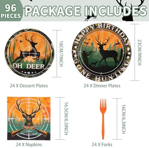 Grencian premium hunting theme disposable plates and three ply napkins laid out on picnic table