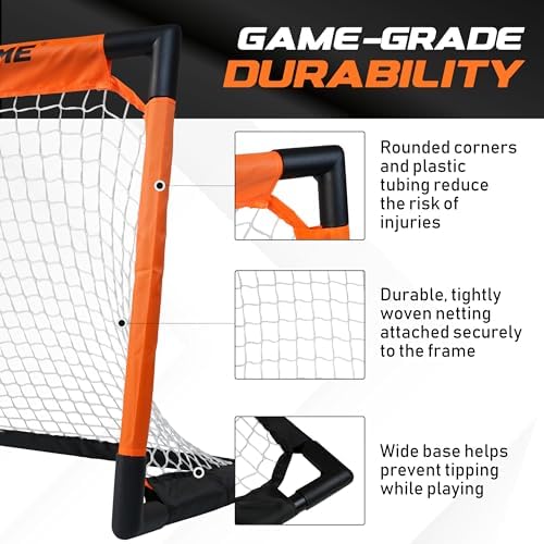 Back angle of the durable plastic frame knee hockey goal net setup for indoor basement play.