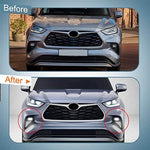 Angle view of the premium Toyota Highlander custom bumper bezel replacement lights operating in daytime driving mode.