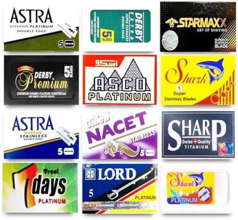 Assorted international razor blade packets for traditional wet shaving