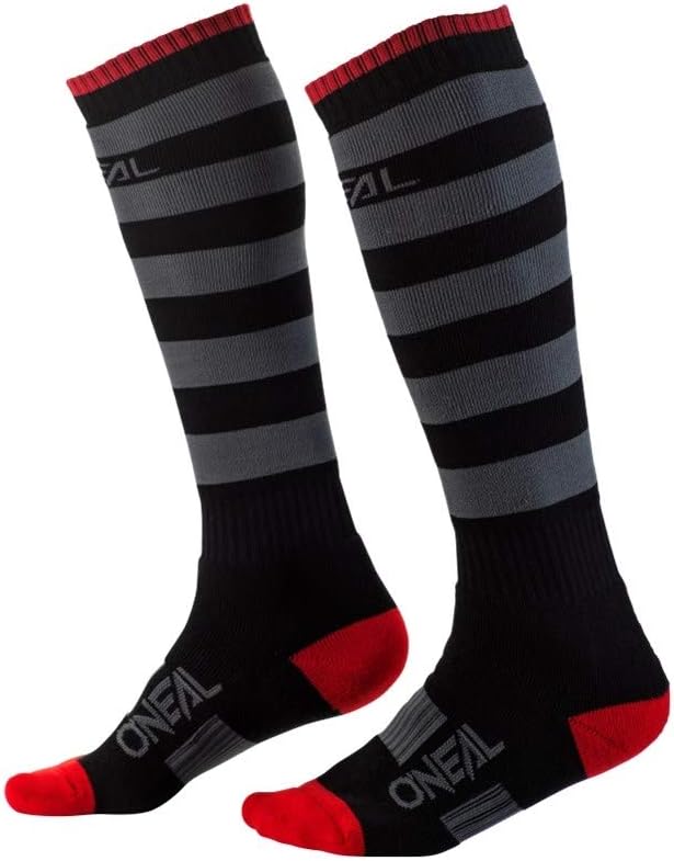 O'Neal Men's Pro MX Scrambler Motorcycle Sock front view showing black and gray striped design with red accents.