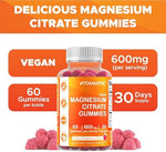 Vitamatic Magnesium Citrate 600mg raspberry flavor gummies bottle showcasing allergen free certification symbols