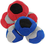 Red white and blue hand woven hacky sacks for juggling and foot volleys.