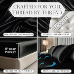Black satin bed sheet corner with elastic strap detail