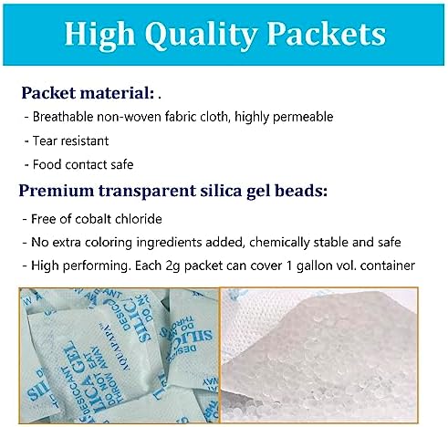 Individual 2 gram silica gel desiccant packets for food storage.