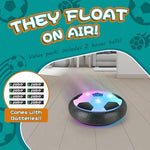 Air floating indoor soccer toy gliding on tile floor with glowing multicolored lights.