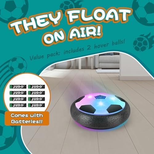 Air floating indoor soccer toy gliding on tile floor with glowing multicolored lights.
