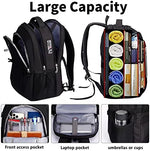 Rear view of the SHRRADOO seventeen inch laptop backpack displaying the breathable mesh foam padded shoulder straps and convenient luggage strap