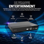 Sony BDP-BX370 home entertainment bundle including wireless streaming player, remote control, and high-speed HDMI cable layout.
