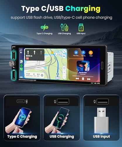 Side profile of Mahvec single din head unit with USB and Type-C ports