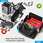 Multi functional electronic storage stand showing rear view slot organization for wrist straps and cables