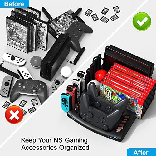 Multi functional electronic storage stand showing rear view slot organization for wrist straps and cables