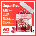 Chewable strawberry flavored colostrum and probiotic tablets for bloating relief.