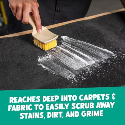 Chemical Guys chemical resistant car carpet brush paired with interior fabric cleaner