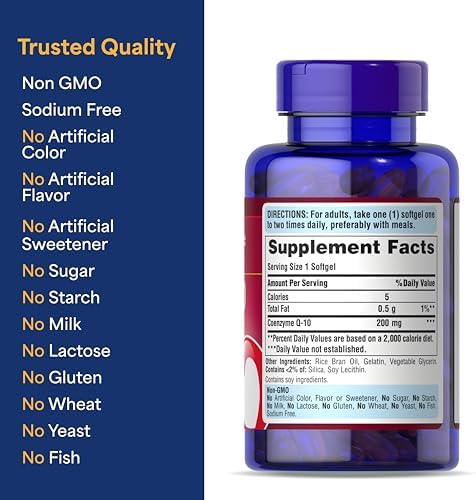 Puritan's Pride Coenzyme Q10 200mg 120 softgels showing FSSAI importer compliance information