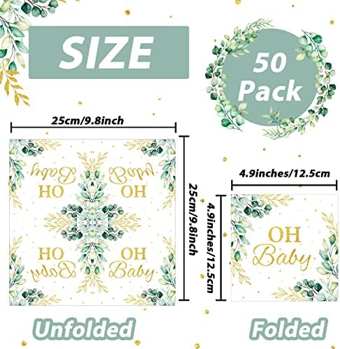 Close up view of the sage green greenery pattern and metallic text style on the disposable paper napkins.