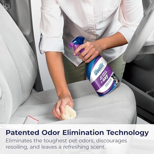 Bissell Woolite Advantage spray bottle highlighting the 25 percent more odor block technology.