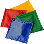 Twelve multicolored cornhole bean bags in a pile