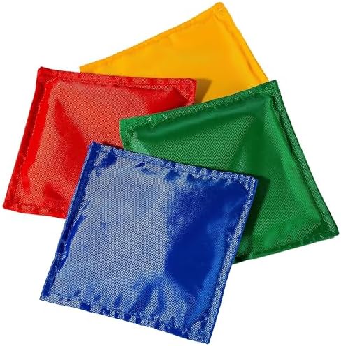 Twelve multicolored cornhole bean bags in a pile