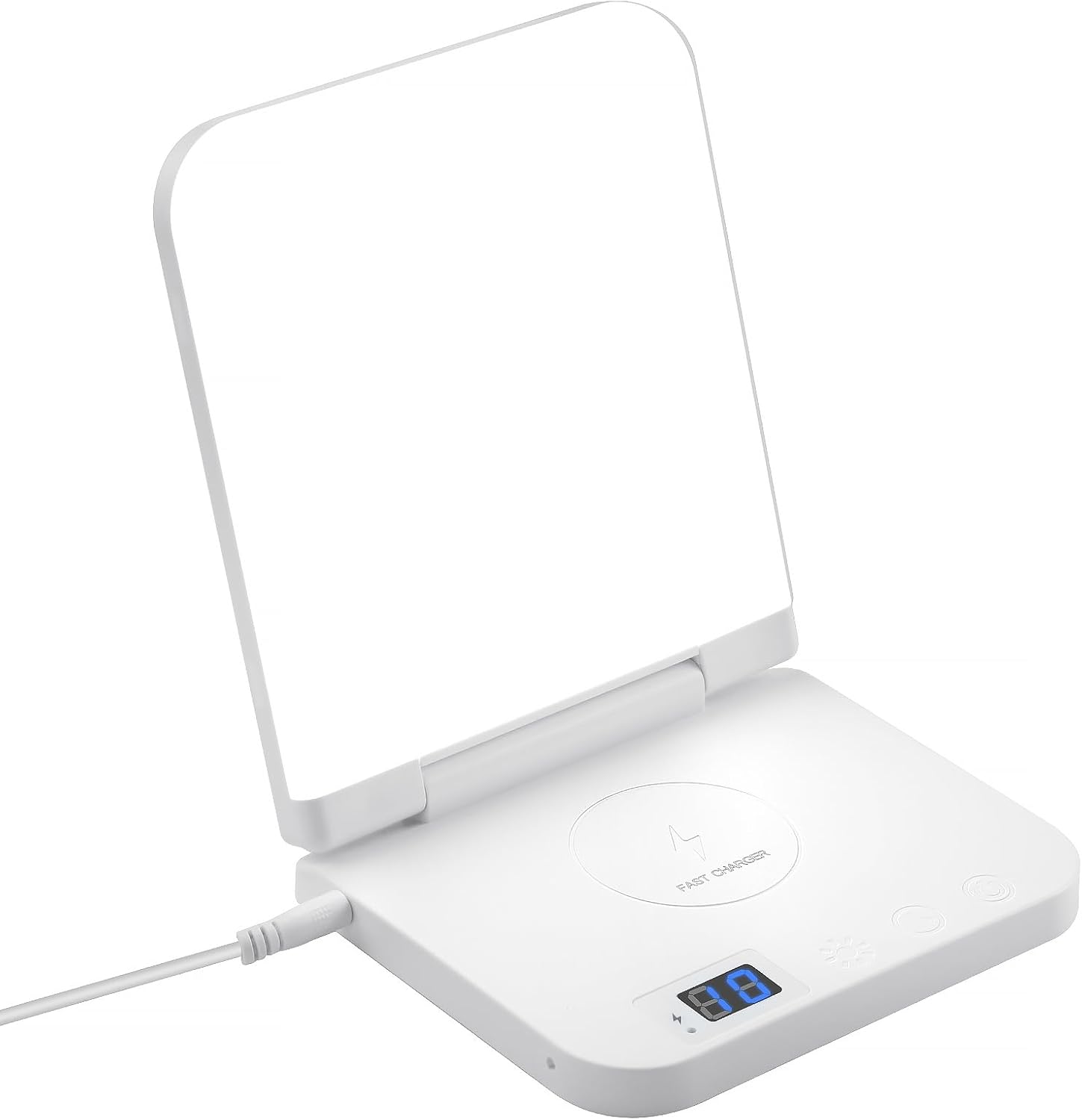 Micro ENE Light Therapy Lamp front view with illuminated flat panel showing bright white light on a desk