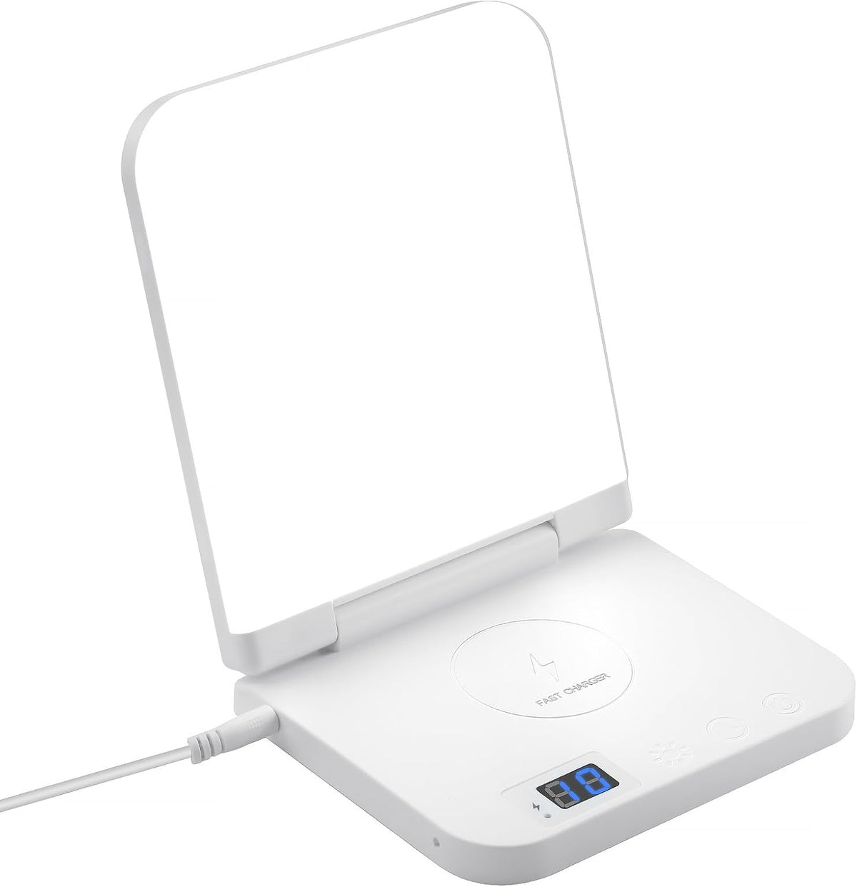 Micro ENE Light Therapy Lamp front view with illuminated flat panel showing bright white light on a desk