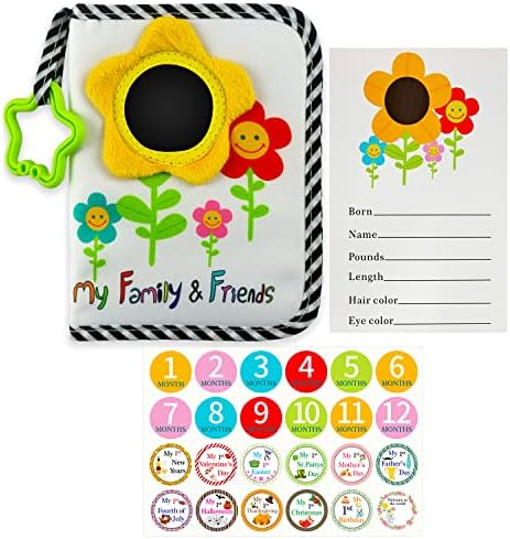 Soft fabric colorful memory book open showing clear photo protective pockets.
