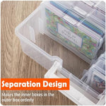 Side view of plastic photo storage container with handle for portability