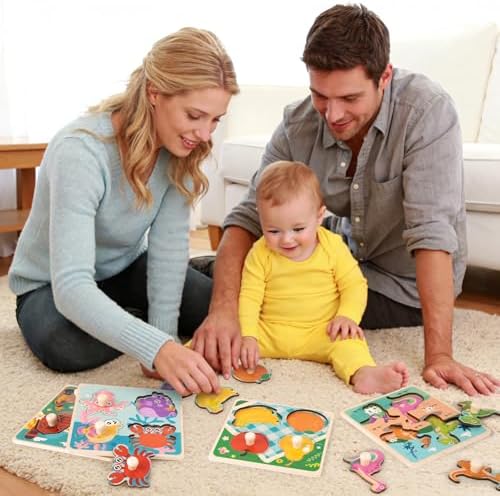 Close up view of the eco friendly dinosaur jigsaw puzzle board showing the easy to grip handles.