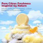 Close up of citrus scent sink freshener tablet