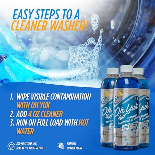 Oh Yuk high efficiency machine cleaner showing concentrated formula liquid