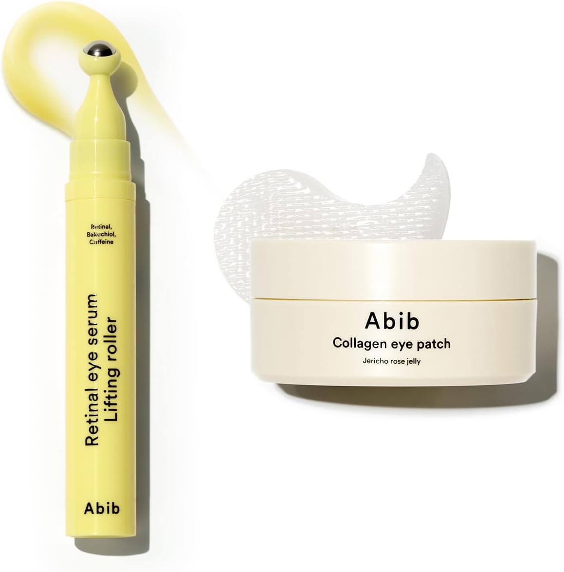 Abib Special Eye Care Duo front view showcasing the eye patches jar and retinal serum roller for authentic Korean skincare routine