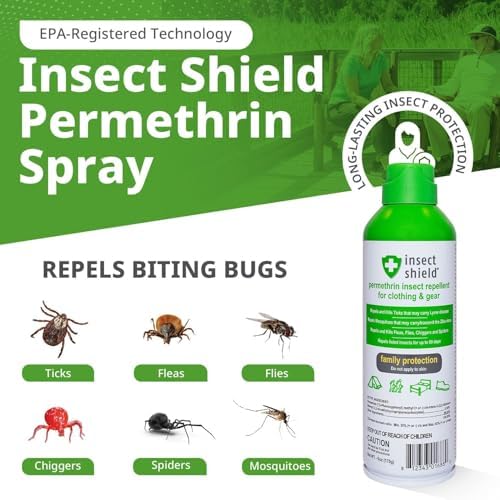 Six ounce clear aerosol bottle of Insect Shield premium bug repellent for outdoor gear