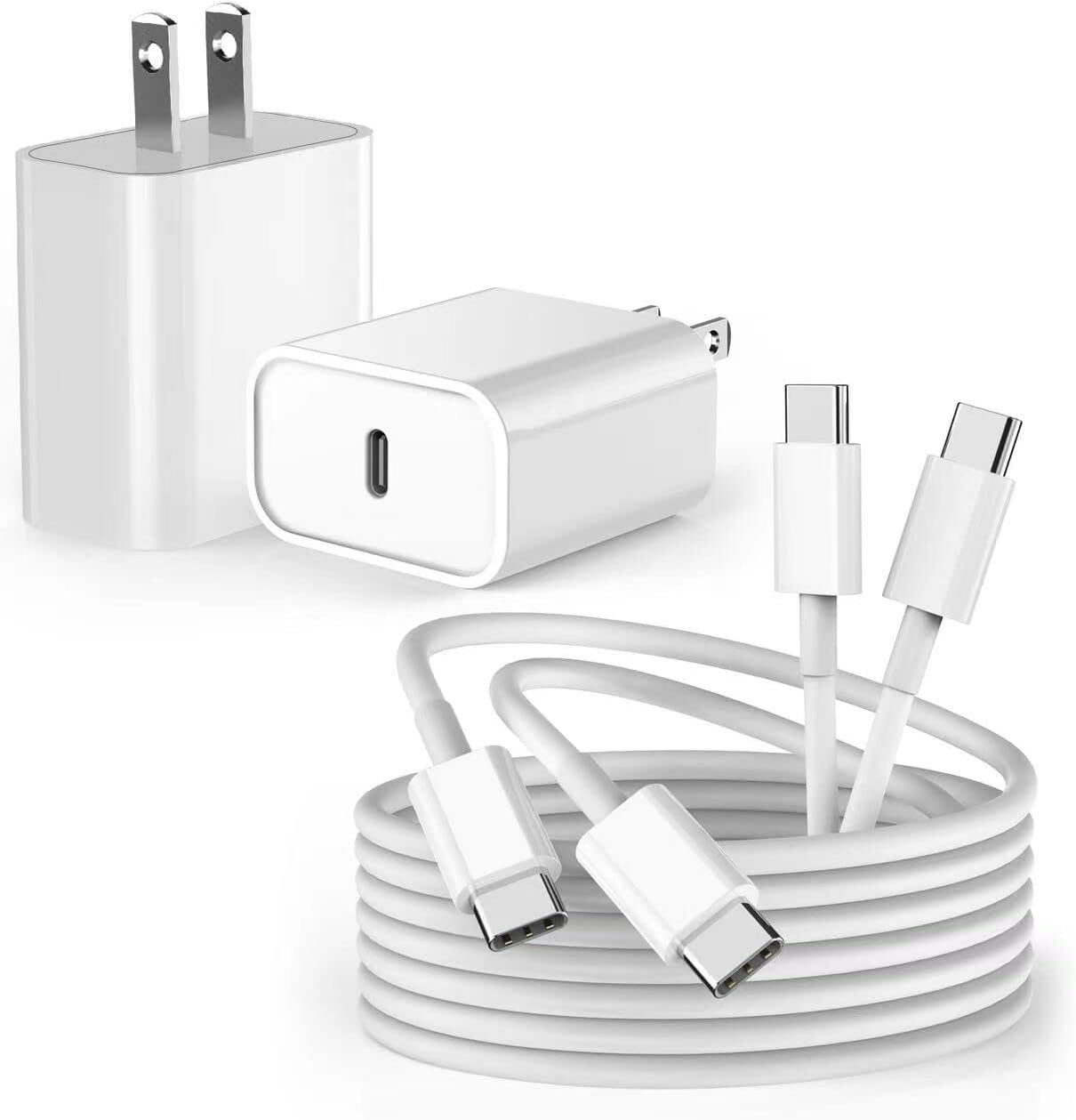 Curvologys fast iPad charger two pack front view showing white adapters and wrapped cables.
