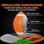 Close up of the durable triple layer rubber construction on the orange and white outdoor toy.