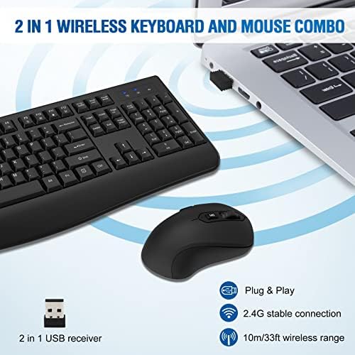Full sized wireless computer keyboard with 104 key layout and matching black optical mouse