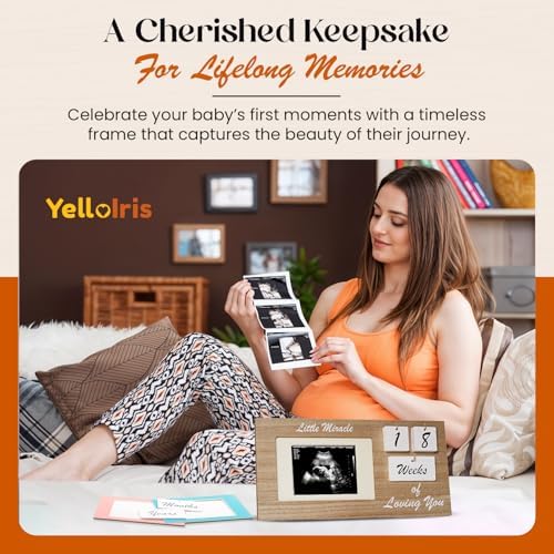 Wooden baby sonography frame with customizable countdown milestone tiles displayed
