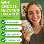 Nature's Branch non-GMO gluten-free triple strength omega 3 fish oil capsules showcasing the clear golden liquid purity.