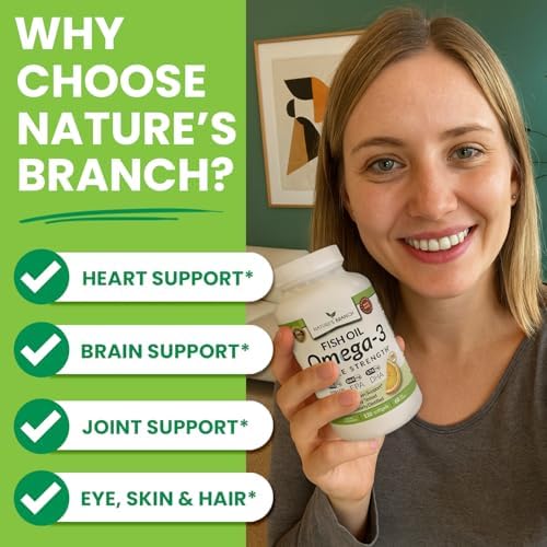 Nature's Branch non-GMO gluten-free triple strength omega 3 fish oil capsules showcasing the clear golden liquid purity.